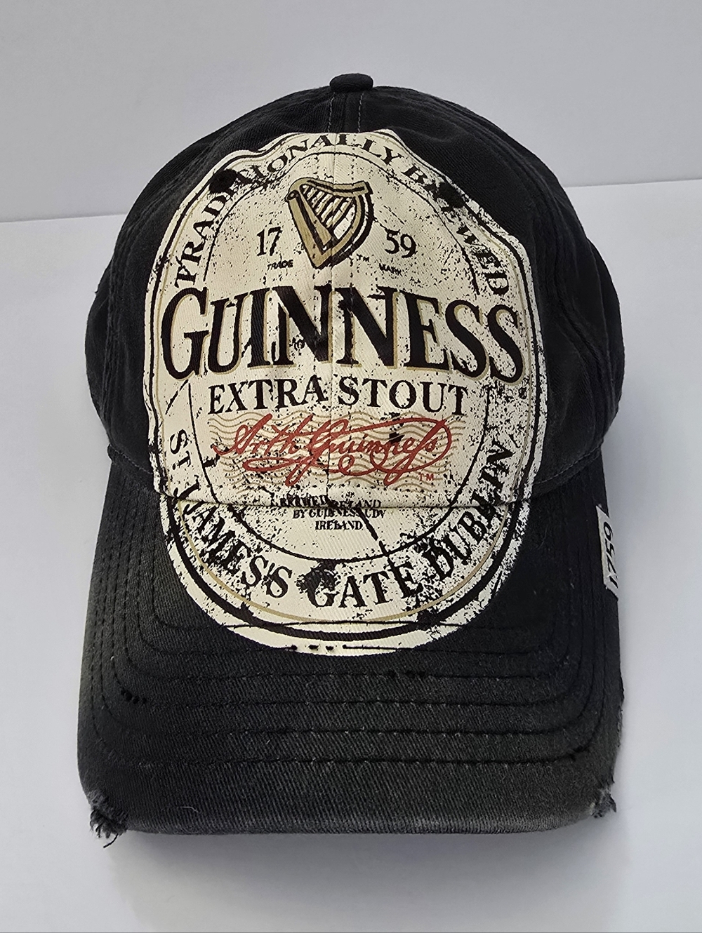 Guinness Extra Stout Black Baseball Cap NWT Distressed Beer Hat Thrashed